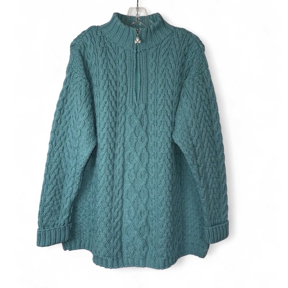 NWT Aran Crafts Ireland Sweater XXL Teal 100% Merino Wool Cable Knit 1/4 Zip